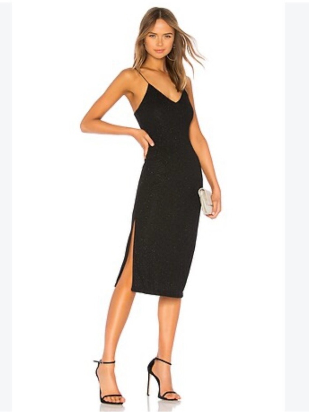 Alice + Olivia Stila Midi Dress 8 Black LBD Side Slit Sparkle Minimalist Party